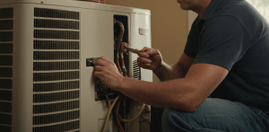 a man fixes an electric outlet on an appliance